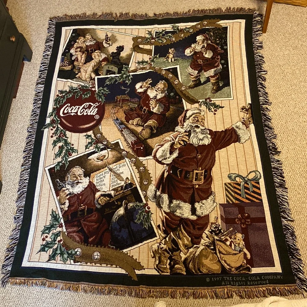 Vintage 1997 Coca Cola Santa Collage Tapestry Afghan Throw USA Made 100% Cotton